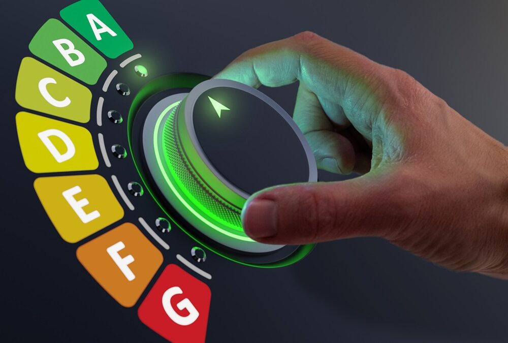 Energy efficiency rating labels promoting low consumption and efficient products to reduce carbon footprint. Lower CO2 emissions with efficient home and appliances. Green eco-friendly business.